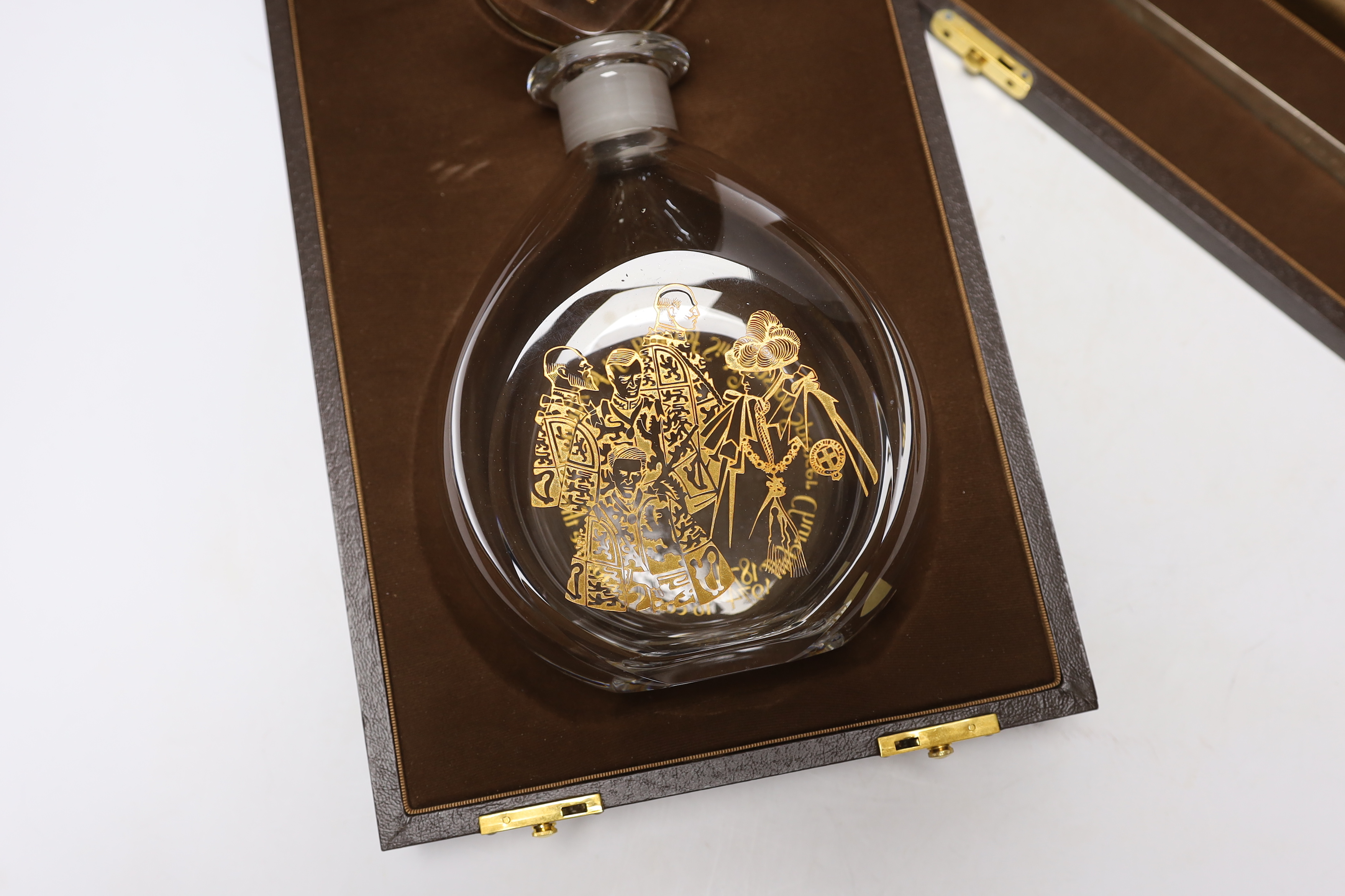A Churchill commemorative silver letter opener and a commemorative Churchill decanter, Garrard & Co, boxed, letter opener 24.5cm long